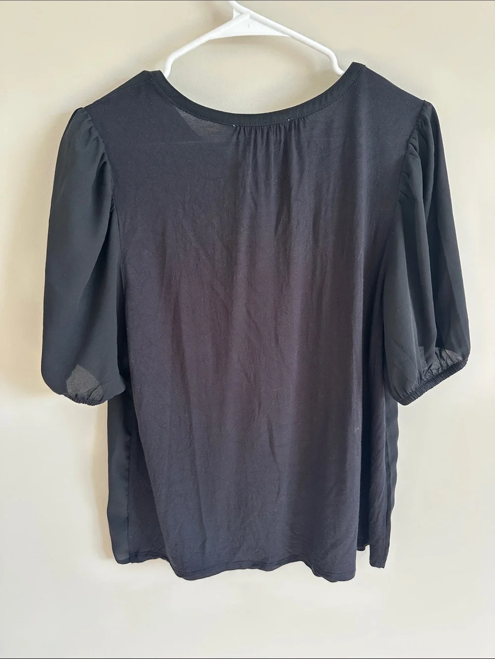 LOFT Black Short Puff Sleeve Henley Blouse with Knit Back